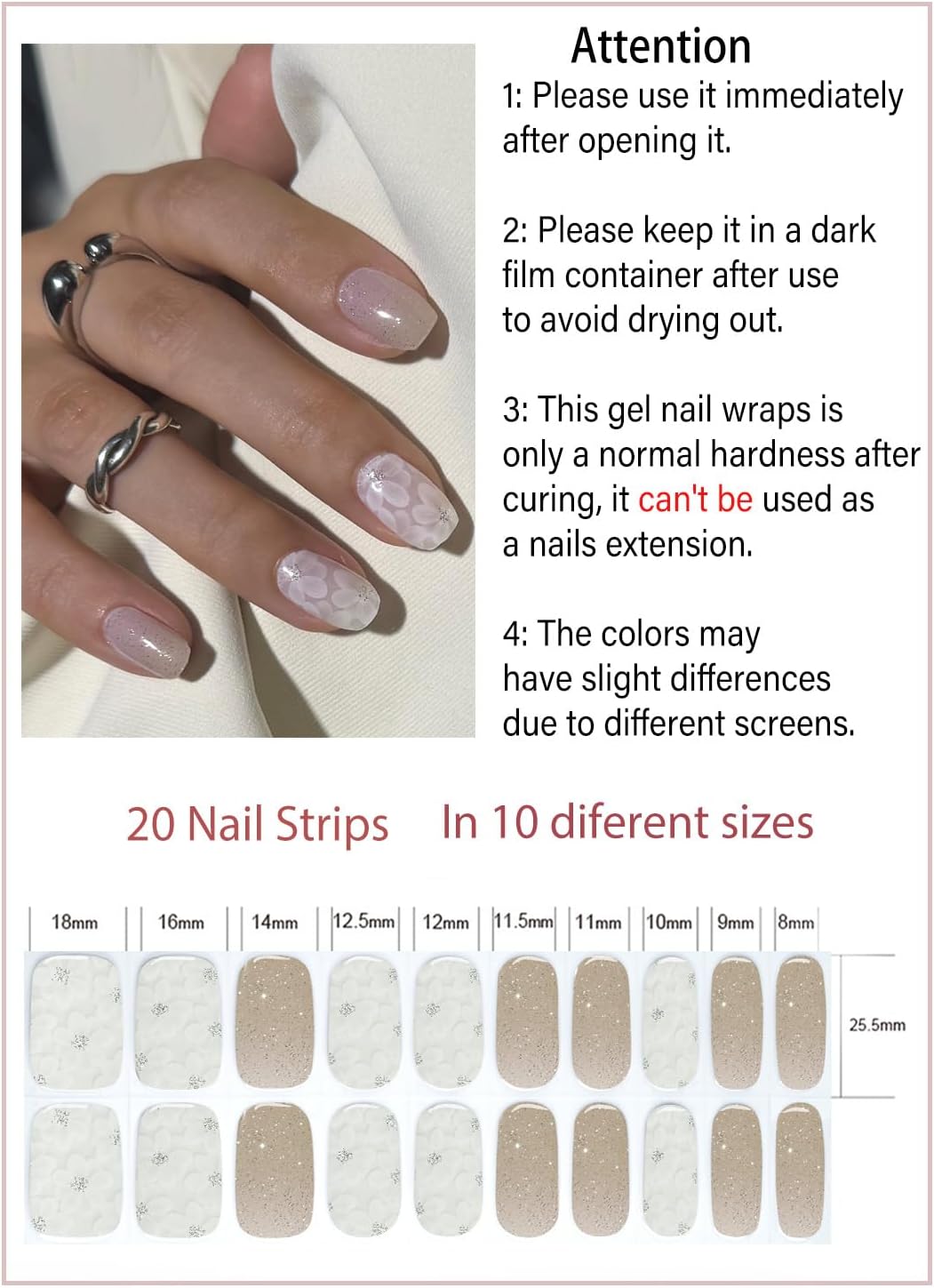 Semi Cured Gel Nail Strips, White Flower 20pcs Adhesive UV Sticker, Wraps for Home Manicure DIY