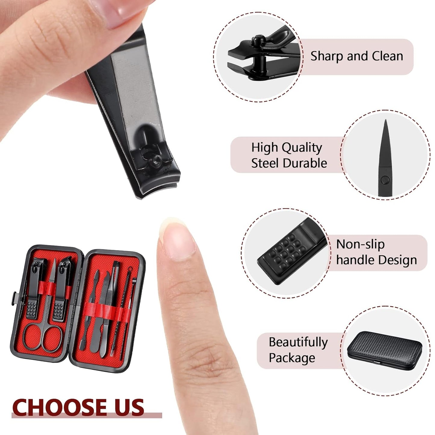Hanaive 6 Set Manicure Set 48Pcs Nail Clippers Pedicure Kit 8 in 1 Stainless Steel Grooming Kit Professional Nail Care Tools with Luxurious Travel Case for Men Women Gift(Black, Red)