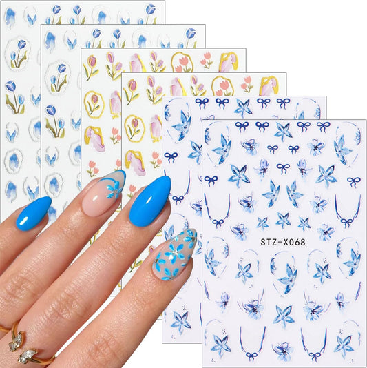 6Sheets Spring French Nail Stickers 3D Self Adhesive Flower Nail Decals Elegant Tulip Flower Bow Nails Art Stickers Blue Hibiscus Floral Nails Art Design Supplies for Women Girls DIY French Manicure
