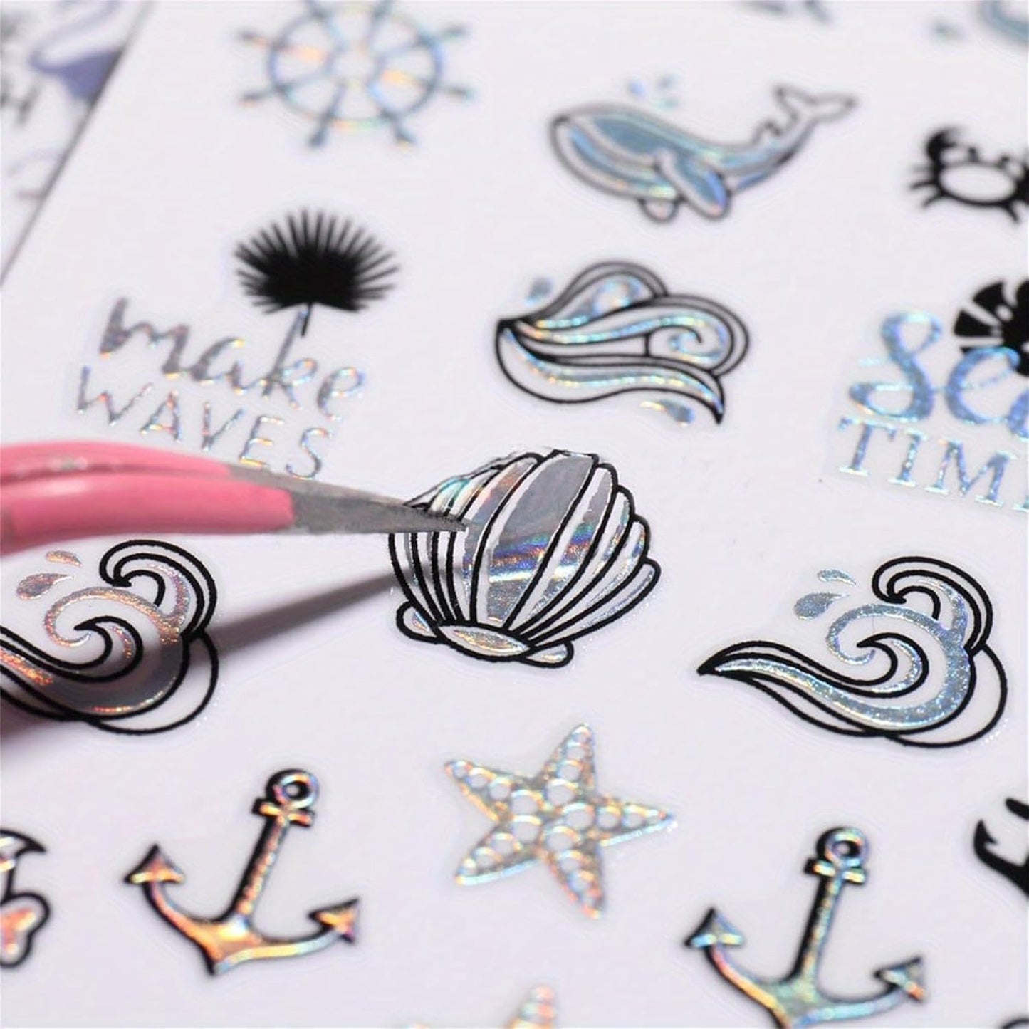 Summer Palm Tree Nail Art Stickers - Glitter Beach Mermaid Self-Adhesive Nail Decals for DIY Anchor Shell Coconut Tree Flamingo Manicure (6 Sheets)