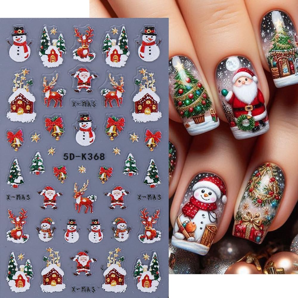 Christmas Nail Stickers 5D Embossed Snowman Elk Nail Art Stickers Xmas Holiday Nail Decals Self-Adhesive Deer Snow Santa Claus Design Sticker Nail Decoration for Women Manicure Accessories 2Pcs