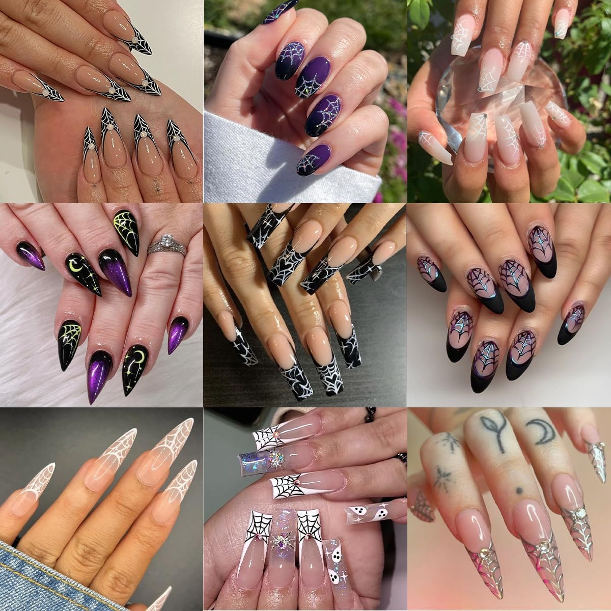 6 Sheets Halloween Nail Art Stickers Decals 3D Self-Adhesive Spider Nail Decals with Rhinestones Designs White Gold Rainbow Bow Spider Web Nails Decorations Holiday Nails Art Supplies for Women Girls