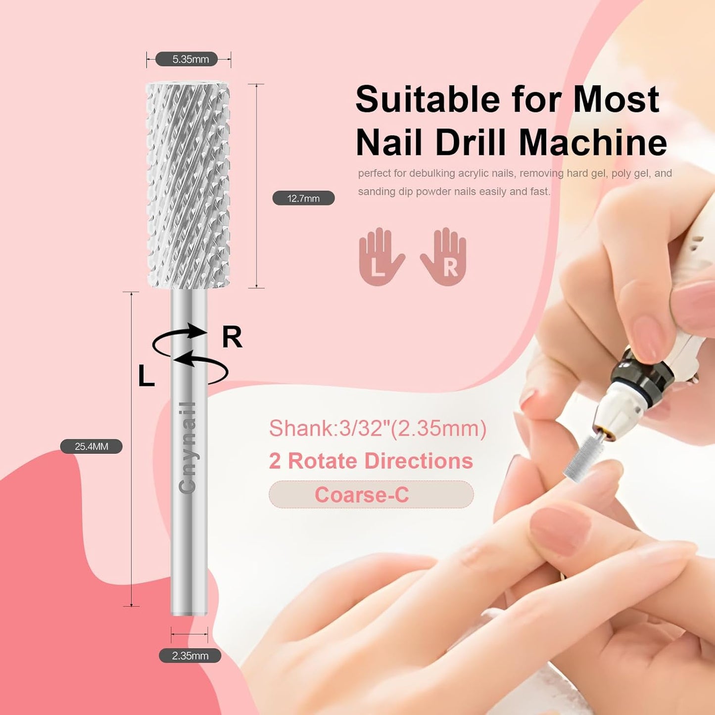 3/32" 5.35MM Small Barrel Flat Top Bit Tungsten Carbide Nail Drill Bit Safety Bit for Gel & Acrylic Removal, 2-Way Rotating Efile Tip, Salon Electric File Accessory (C Grit, Silver)