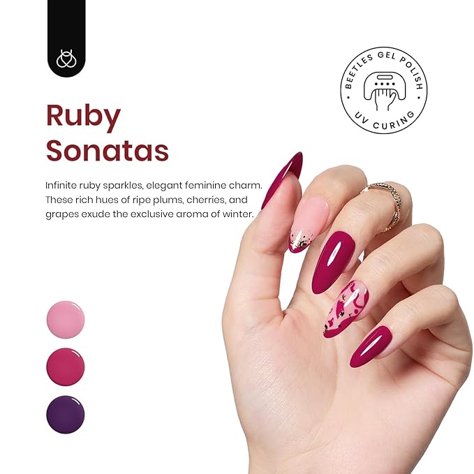 Beetles Gel Nail Polish, 6 Colors Peach Pink Purple Burgundy Red Plum Glitter Gel Polish Ruby Sonatas Collection, Soak Off Uv Lamp Cured Nail Art Design Fall Nails for Women DIY Manicure
