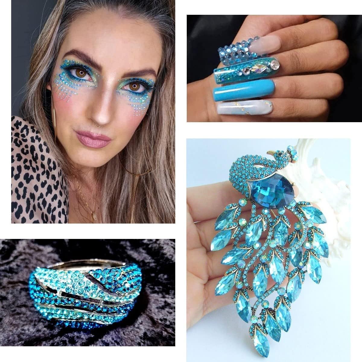 2550pcs Water Blue Aquamarine Nail Art Flatback Rhinestones for Face Makeup Lake Blue Nail Gems Gemstones K9 Glass SS4~SS20 6 Sizes Diamonds Stones Crystals w Tweezer & Picking Pen