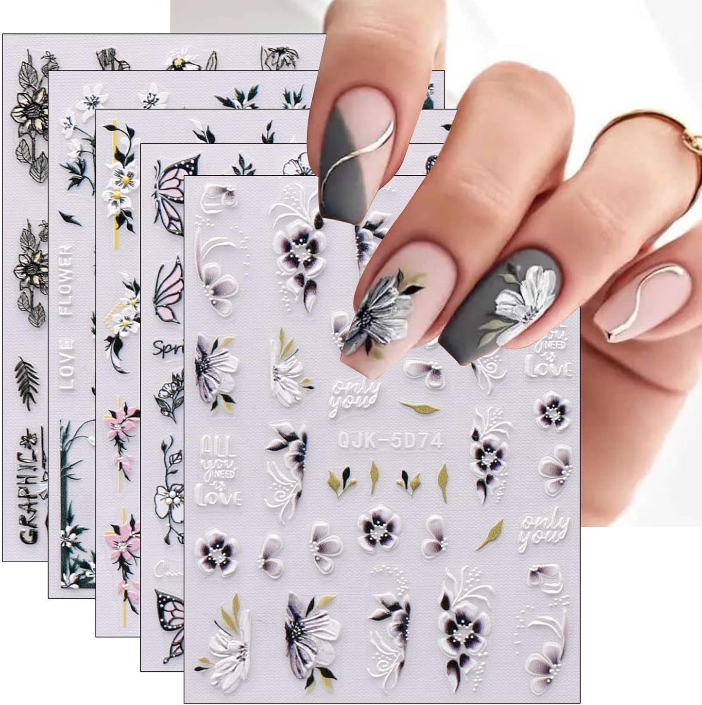 JMEOWIO 6 Sheets 3D Embossed Spring Flower Nail Art Stickers Decals Self-Adhesive Pegatinas Uñas 5D Colorful Summer Floral Leaf Nail Supplies Nail Art Design Decoration Accessories