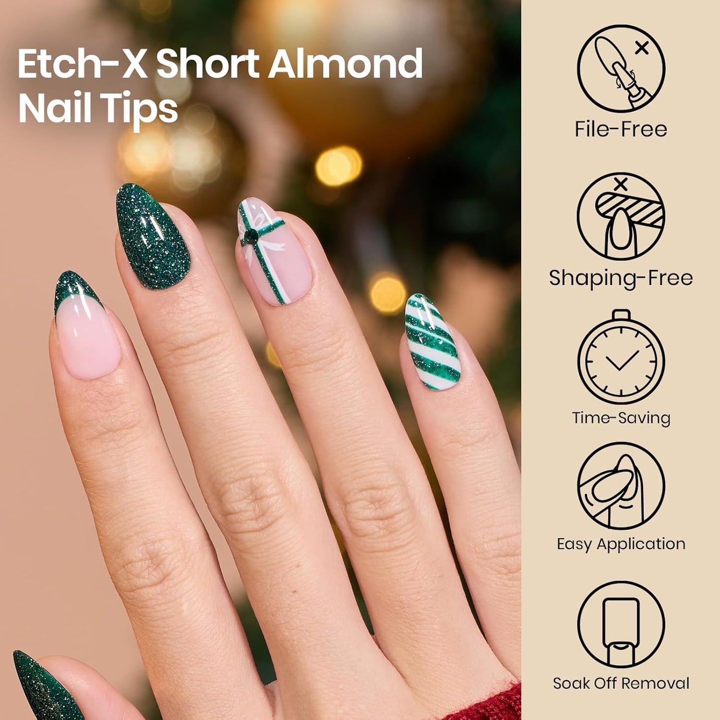 Beetles Gel Nail Tips Etch-X, Almond Short, 288pcs 12 Sizes, Pre-Etched Half Matte Full Cover Soft Acrylic False Nail Tips Almond Shape Easy DIY Nail Extension Salon Christmas Limited Gift for Women