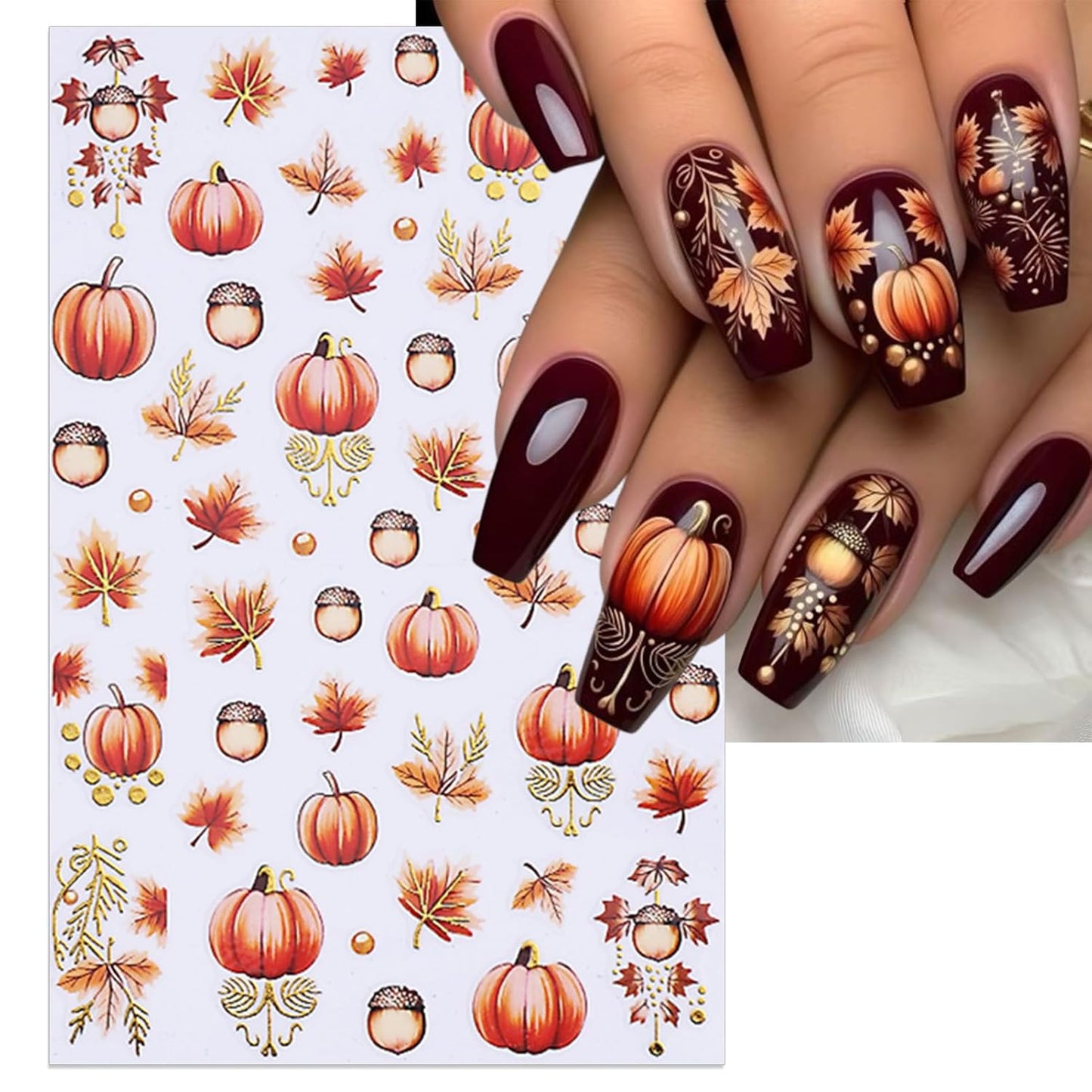 Fall Nail Stickers - Autumn Glitter Pumpkin Leaf Self-Adhesive 3D Nail Decals for Women Girls DIY Thanksgiving Day Manicure (5 Sheets)