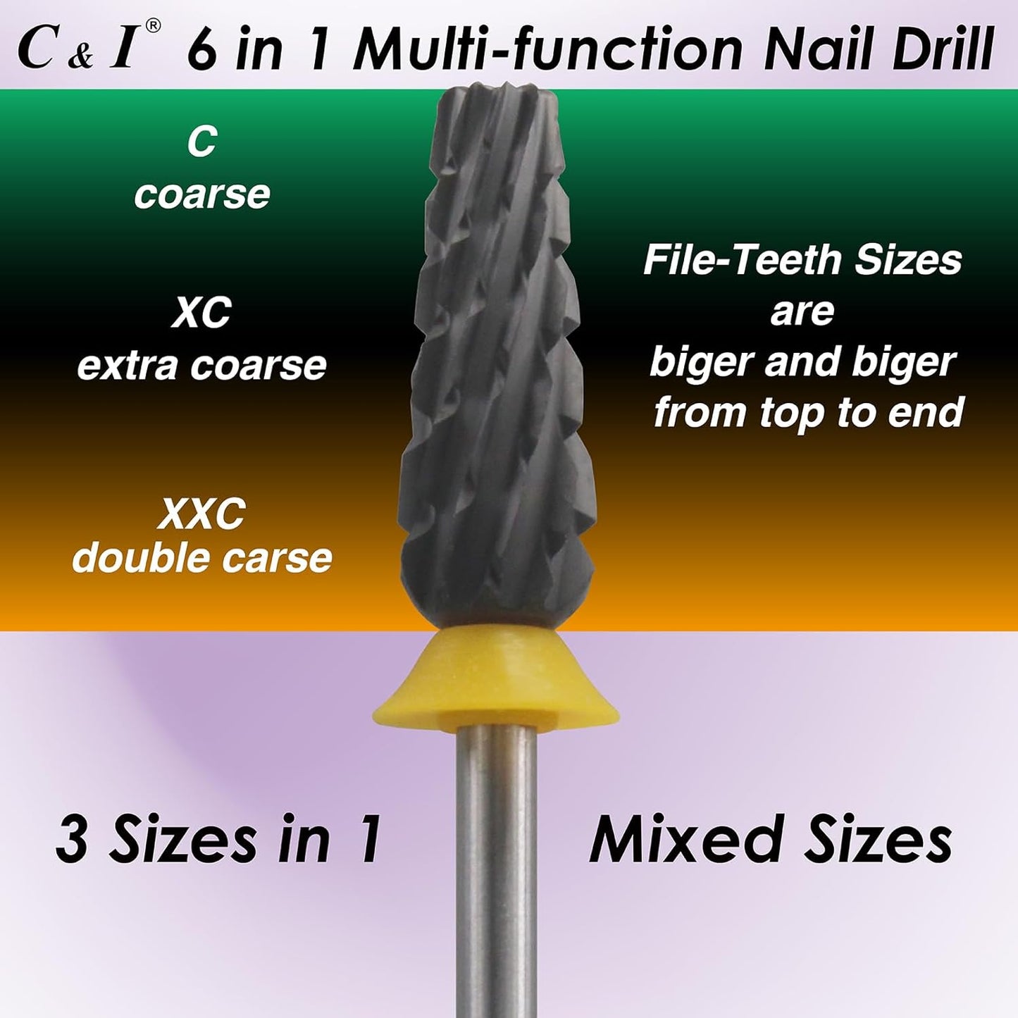 C & I Nail Drill Bit 6 in 1 Multi-function Rounded End E-file, Diamond Coat, CNC Overall Cut Nail Tools for Nail Techs Quick Remove Acrylic Nail Gels & Nail Art (Special Coat, Double Coarse -XXC)