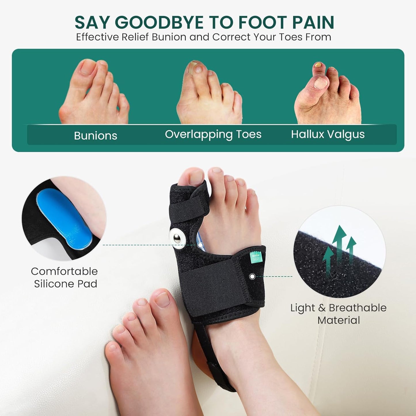 Welnove Bunion Corrector - Orthopedic Bunion Splint - Big Toe Separator Pain Relief for Women & Men - Bunion Correction Toe Straightener with Non-slip Strap, Day Night Support (Black, 2 Count)