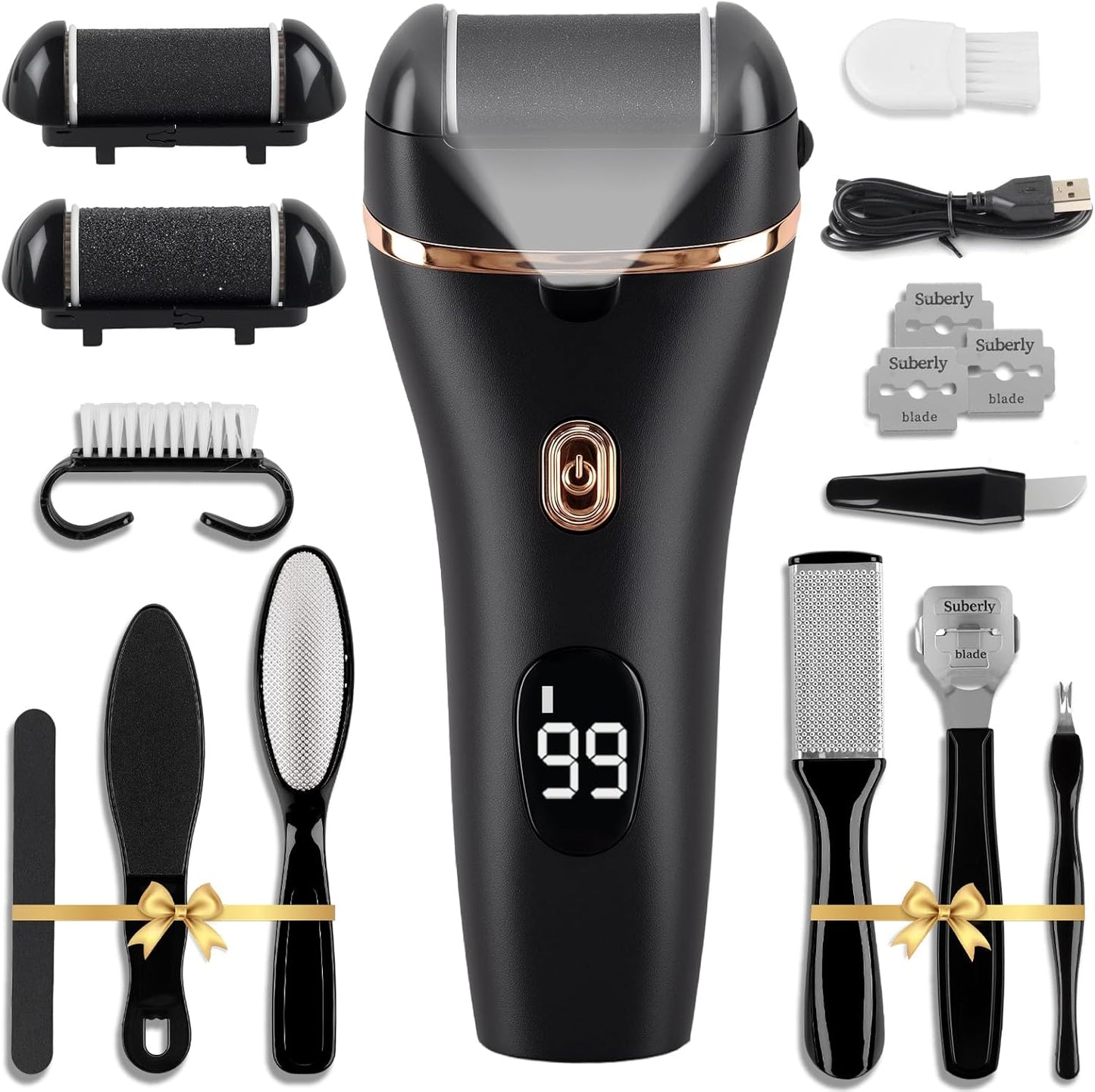 Electric Foot Scrubber, 17-in-1 Pedicure Kit, Callus Remover for Feet Electric Foot File for Dry Dead Skin, 3 Rollers, Battery Display, Black