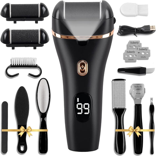 Electric Foot Scrubber, 17-in-1 Pedicure Kit, Callus Remover for Feet Electric Foot File for Dry Dead Skin, 3 Rollers, Battery Display, Black