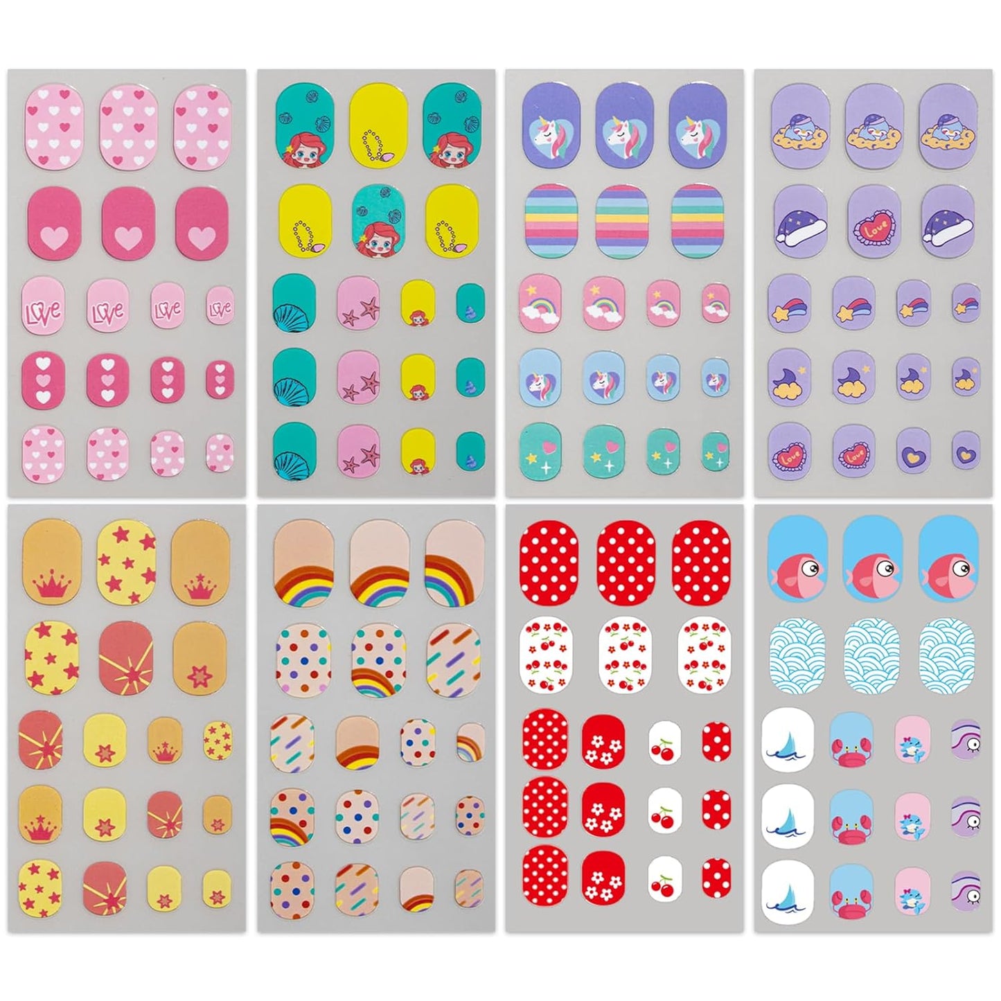 Nail Stickers for Kids - Self-Adhesive CuteNail Wraps, 3D Unicorn, Fruit, Animals, Star DIY Designs Nail Art Decals for Little Girls, Toddler (8 Sheets)