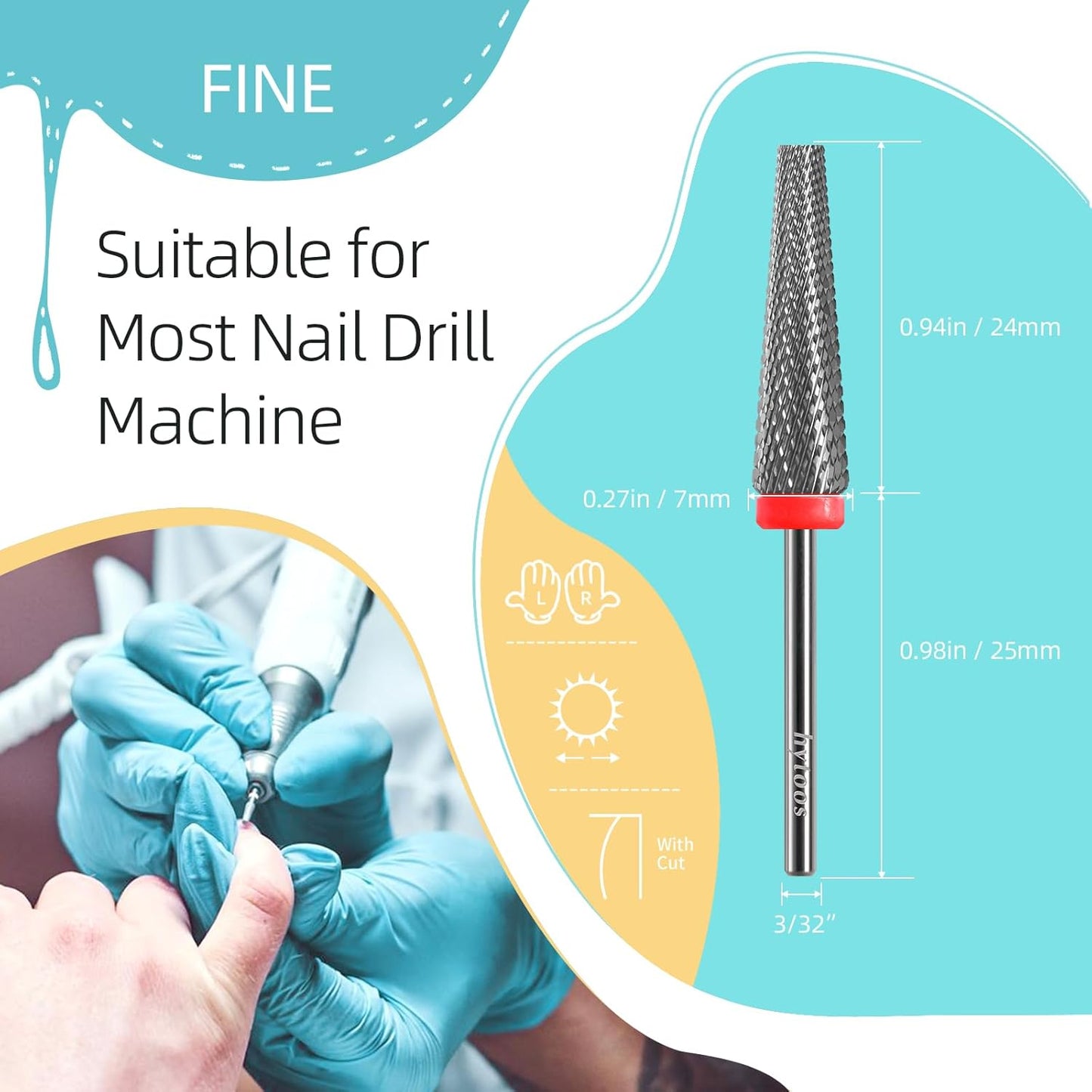 5 in 1 Nail Drill Bits, 24mm Flat Top Tapered Professional Tungsten Carbide Bit for Gel Polish & Base Removal, Electric File Manicure Drills Accessories Tool,F
