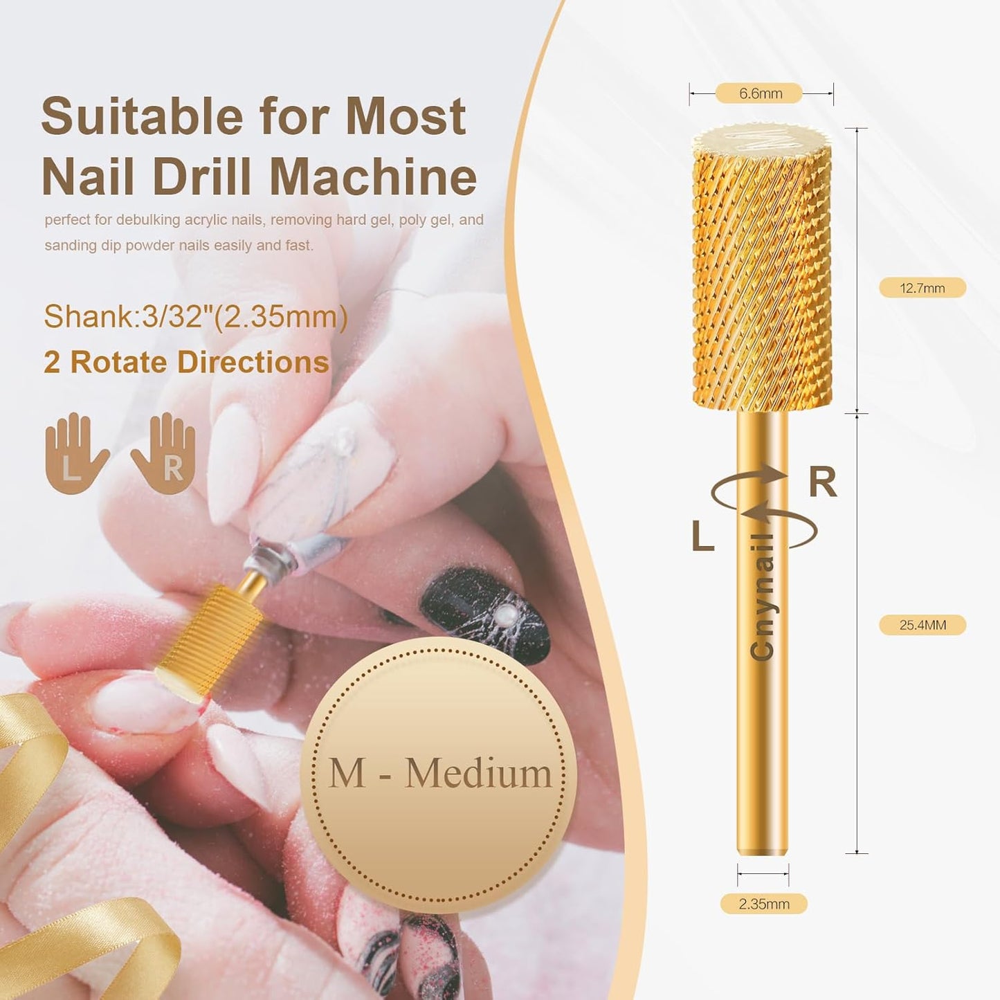 3/32" Large Barrel Flat Top Tungsten Carbide Nail Drill Bit Safety Bit for Gel & Acrylic Removal, 2-Way Rotating Efile Tip, Salon Electric File Accessory (M Grit, Gold)