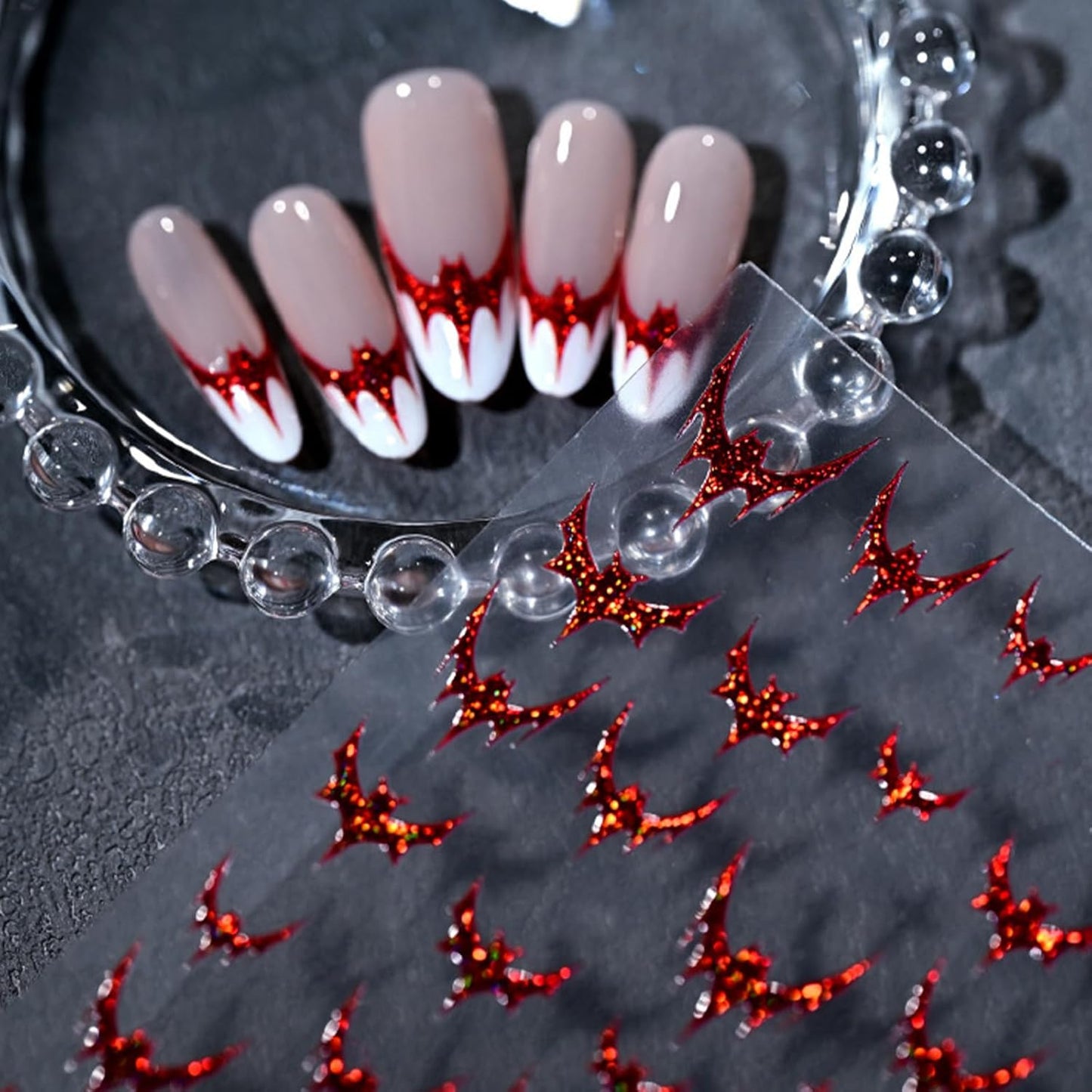 Halloween Nail Art Stickers 3D Self-Adhesive Red Glitter Bat Nail Stickers with Glitter Bloody Bats Nail Decals Horror Design Sticker for Women Manicure Decoration Cardboard Set 1 Sheets