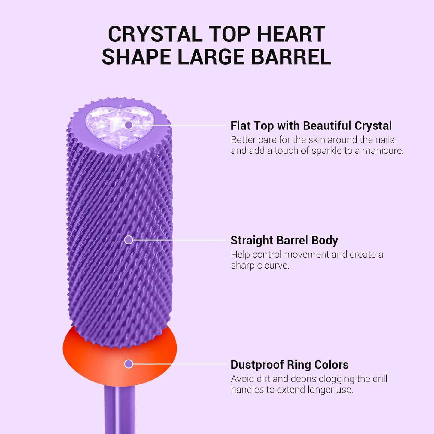 MelodySusie Large Barrel 3/32'' Tungsten Carbide Nail Drill Bit, Crystal Top Purple Heart Shape, Fast Remove Acrylic Gel, Cuticle Gel Polishing for Manicure Pedicure, Purple, Series Bit-S, Fine