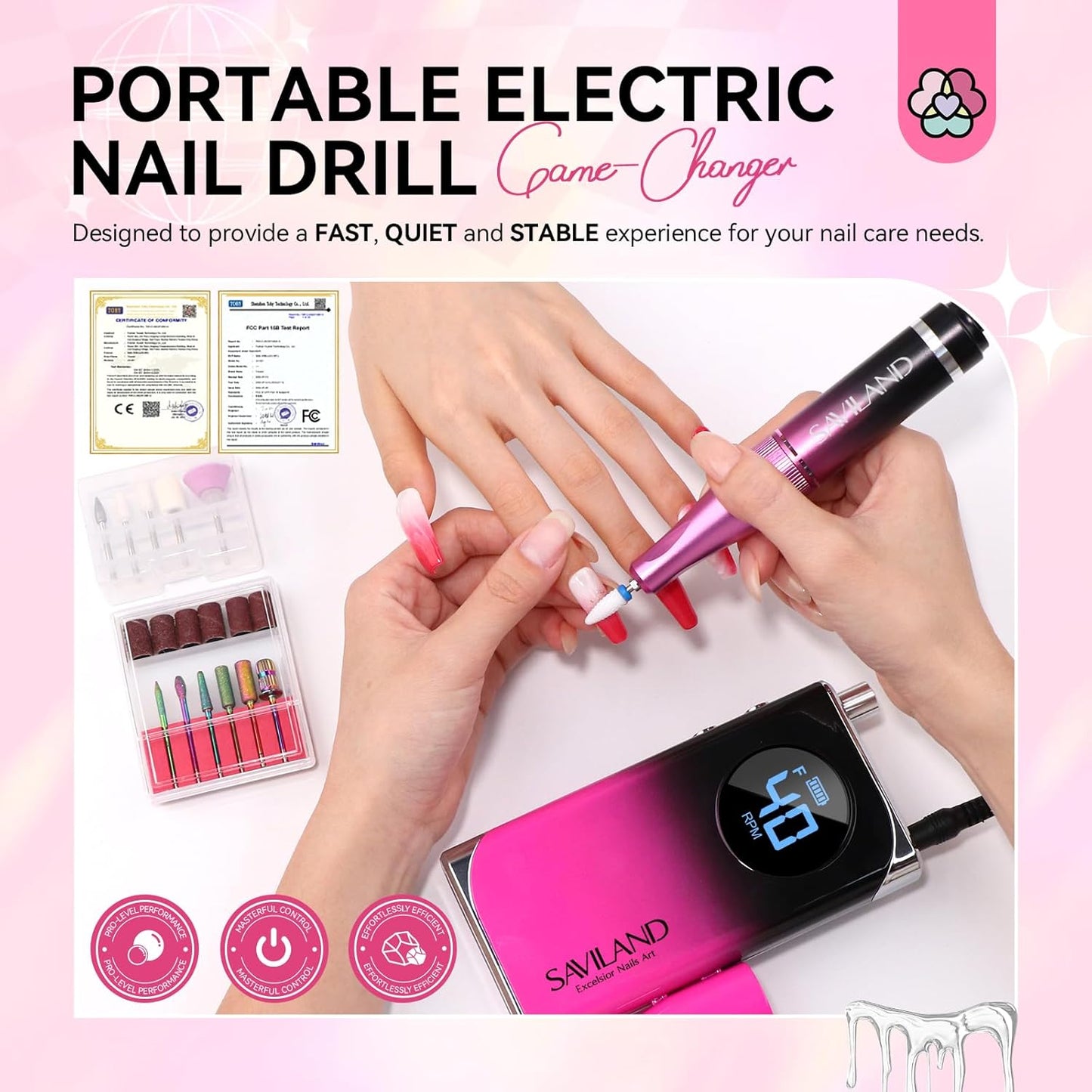 SAVILAND Professional Electric Nail Drill Machine: 40000RPM Rechargeable Nail Drill File with 4000mAh Battery, Ceramic Bit and Sanding Bands for Manicure, Pedicure, Shaping & Acrylic Removal Salon Use