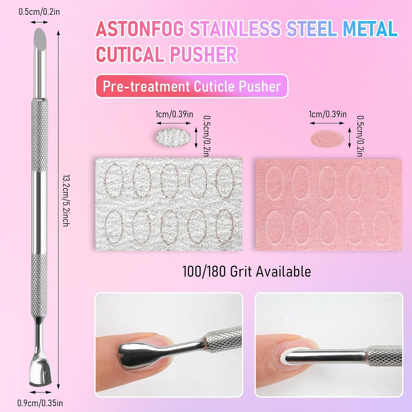 Pre-Treatment Cuticle Pusher, Dual Ended Cuticle Remover Russian Prep Nail Pushers with 100/180 Grit Sandpaper Sheets, Nail Care for Manicure Pedicure Nail Art and Foot Salon Home