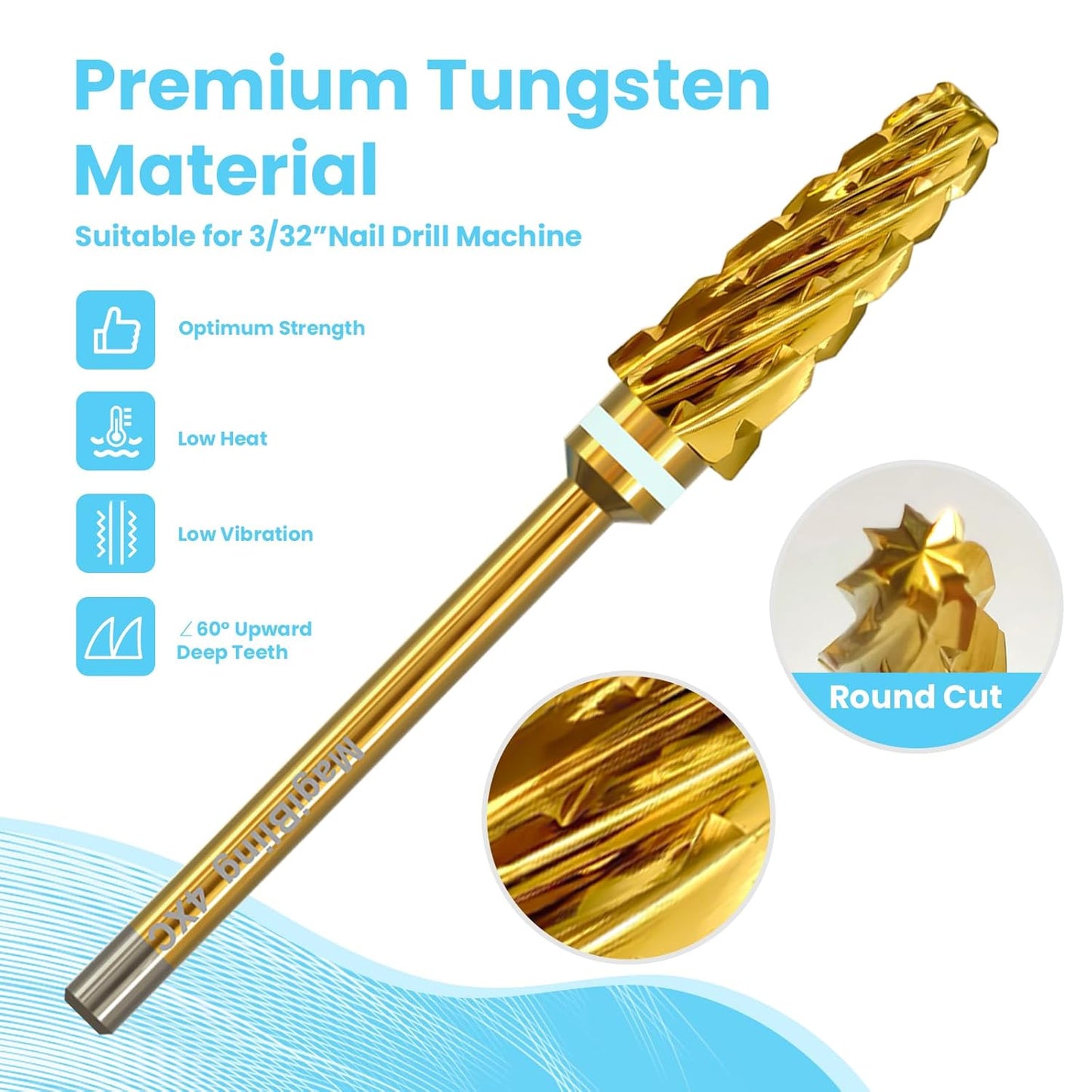 Super Cut 5 In 1 Nail Drill Bits，Tapered 3/32'' Safety Tungsten Bits, Upward Cut for Hard Gel Removal, Right Hand Use, Manicure Cuticle Gel Polishing, Technicians Bits, Gold, Quadruple Coarse.