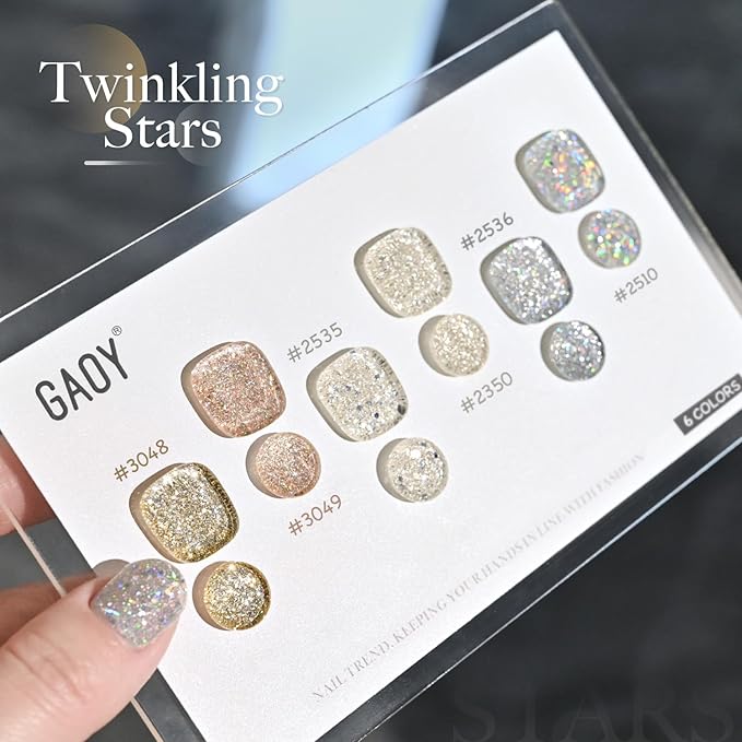 GAOY Glitter Gel Nail Polish Set, 6 Colors Silver Gold Champagne Sparkly, Soak Off UV Cure Gel for DIY Manicure at Home