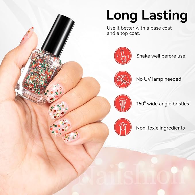 Christmas Nail Polish, Red Green Gold Glitter Regular Nail Polish, Quick Air Dry, Non-gel, Vegan, Sparkle Holiday Nail Art DIY Home Travel Manicure Gift for Women Girls
