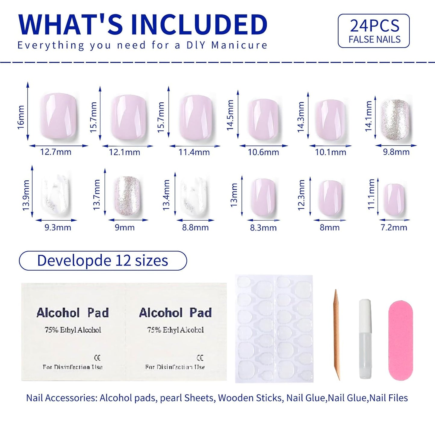 Press on Nails Short Square, Light Purple Fake Nails Kit with Silver Glitter Designs, Glossy Acrylic Press on Nails, Thick Reusable Glue on Nails Short Press on Nails for Women, Gleaming Lilac