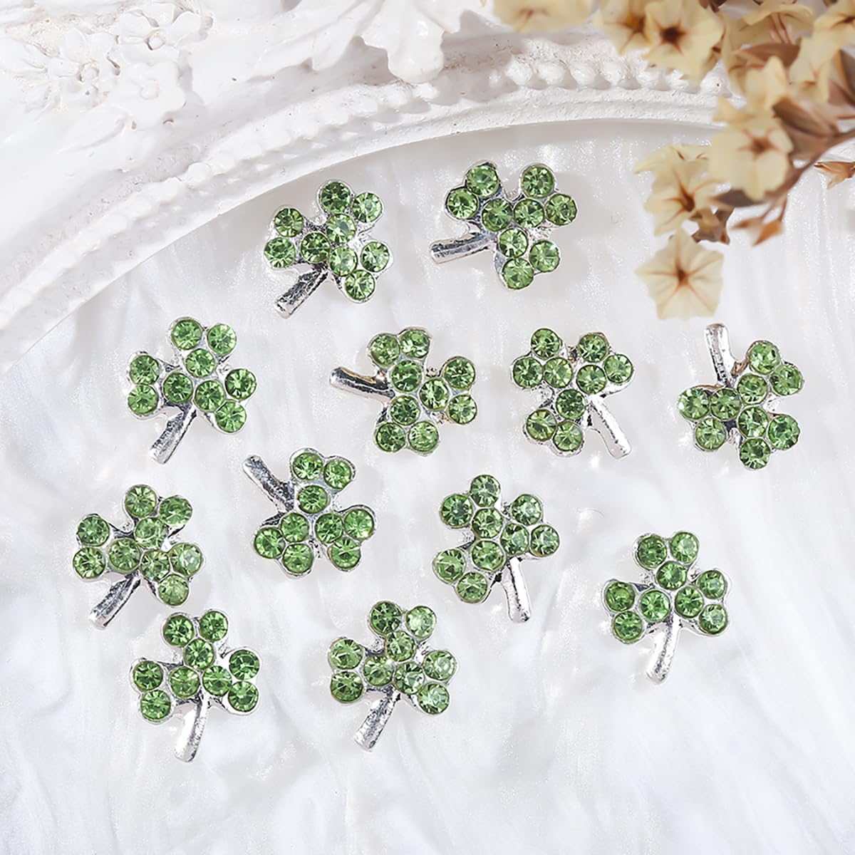 20Pcs Shamrock Nail Charms and Gems 3D Metal St Patricks Nail Charms with Diamond Design Irish Clover Nail Rhinestone Charms Alloy Green Charms Decoration for Women Girls