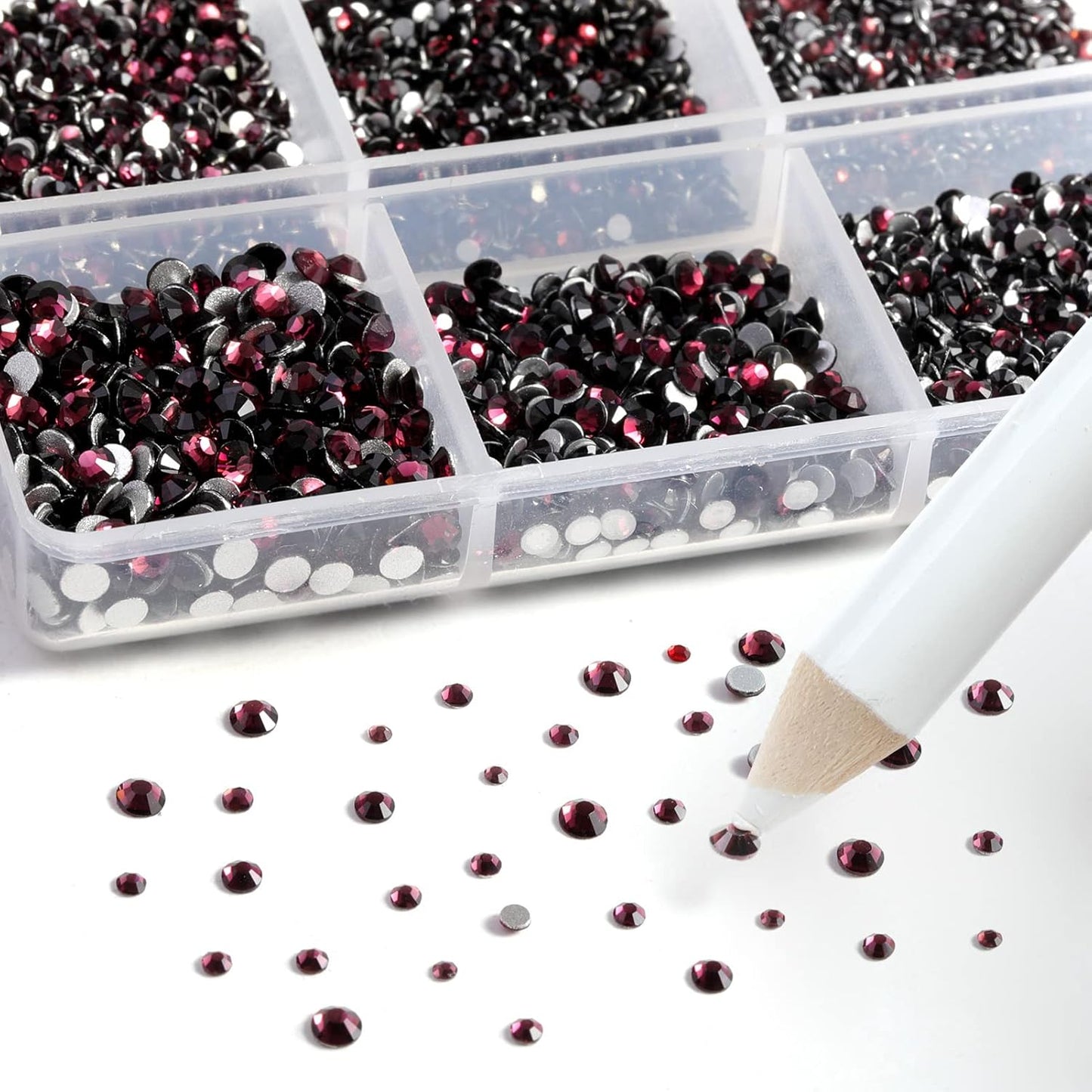 Beadsland 7200pcs Flatback Rhinestones,Burgundy Rhinestone Nail Gems Round Crystal Rhinestones for Crafts,Mixed 6 Sizes with Wax Pencil Kit, SS3-SS10,Amethyst