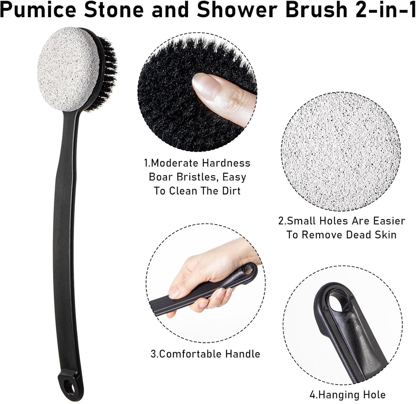 Pumice Stone for Feet and Shower Brush with Long Handle 13.7",Hard Skin Callus Remover, 2 in 1 Foot Scrubber Brush, Back Scrubber Body Brush for Shower Deep Cleansing and Exfoliating (Curved)