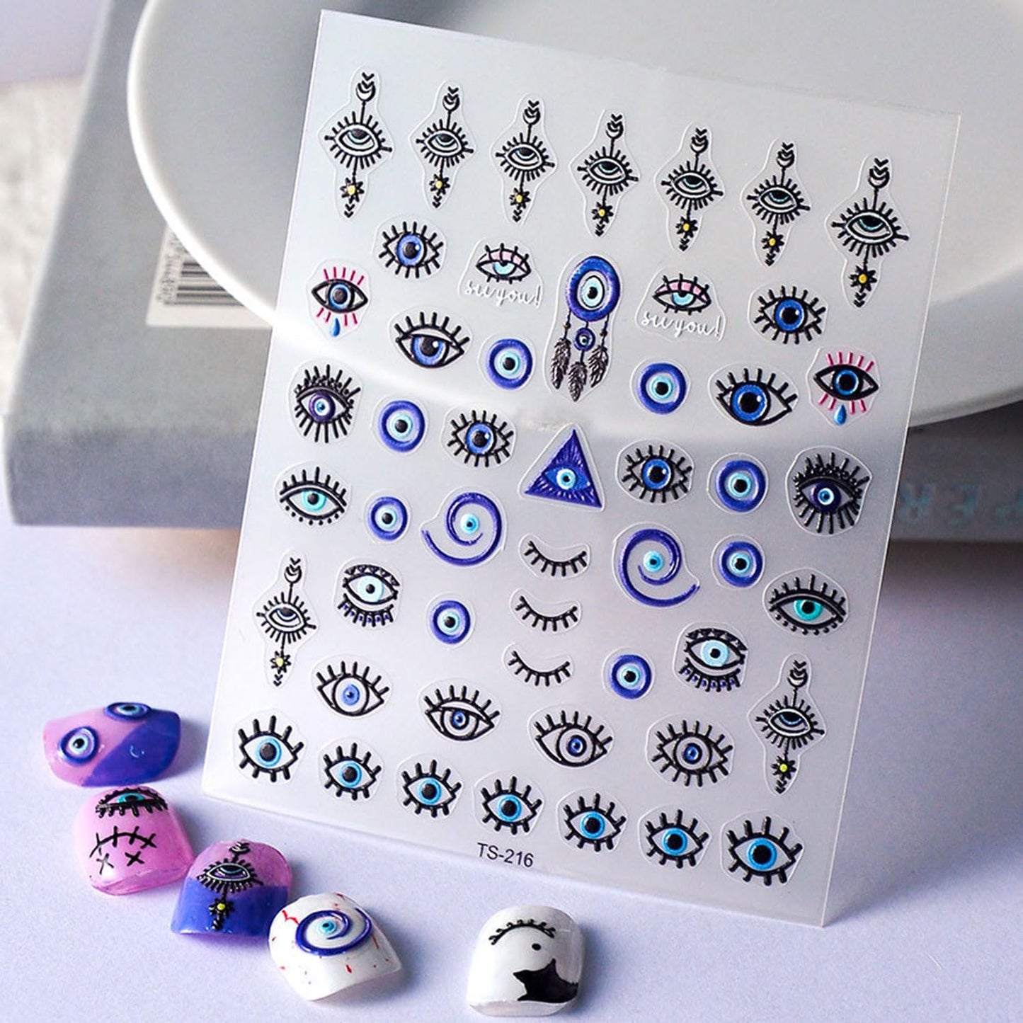 Blue Evil Eye Nail Stickers 5D Embossed Nail Decals Self-Adhesive Nail Art Supplies Eyelash Eye Manicure Stickers for Women Nails Art Decoration