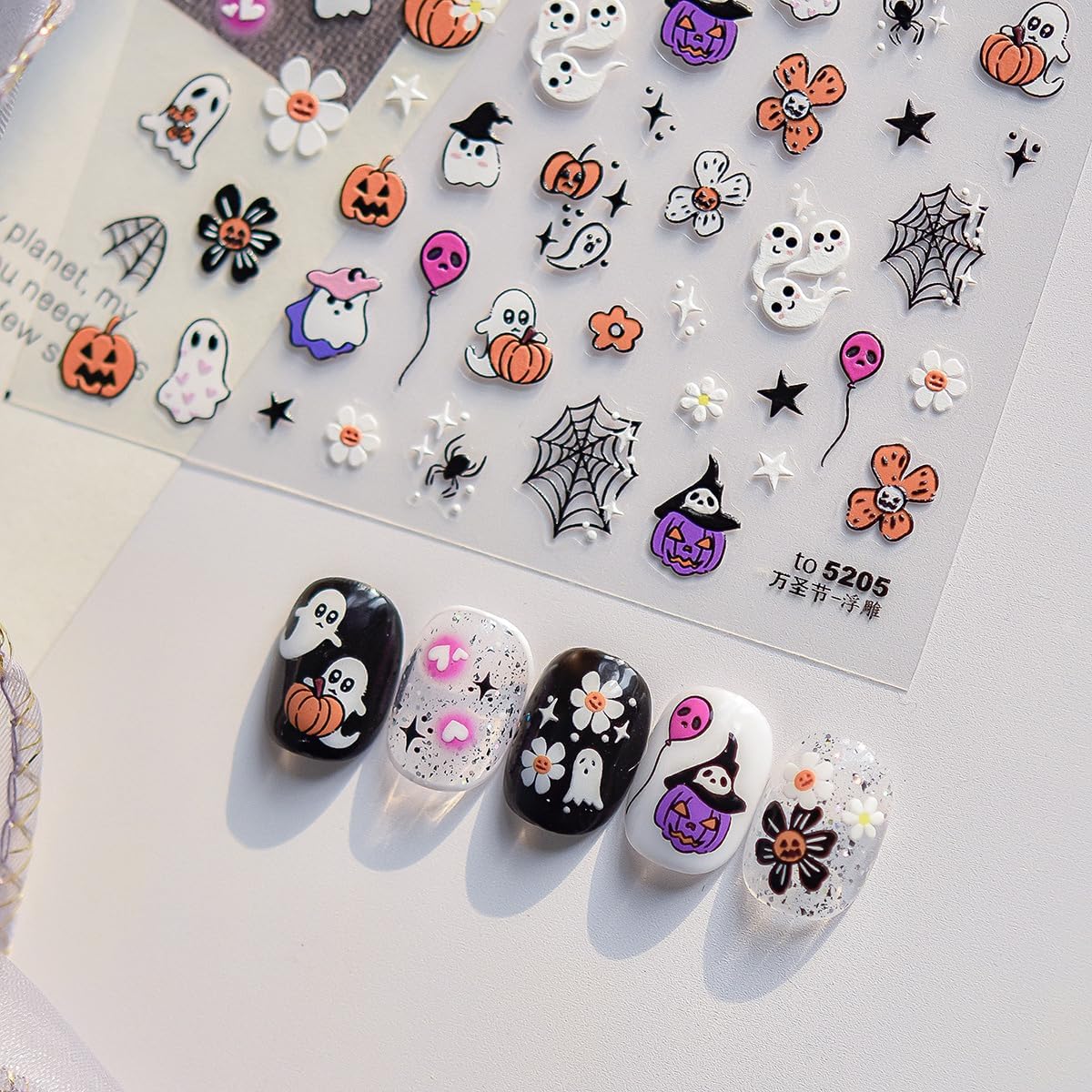5D Embossed Cute Halloween Nail Art Stickers Self-Adhesive Ghost Nail Stickers with Spider Web Pumpkin Flower Designs Sticker Goth Nail Decals Holiday Nail Decorations for Women Acrylic Manicure Tips