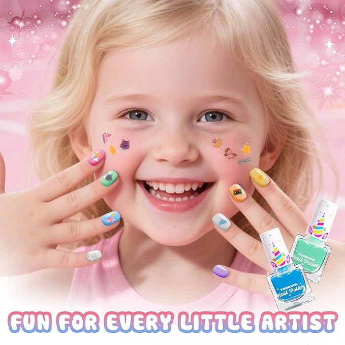 Tomons Nail Polish Set for Kids , 12 Colors Non-Toxic Water-Based Quick-Dry & Peel-Off DIY Nail Art Kit for Girls Ages 6+, Gifts for Halloween, Christmas, Birthday or Parties