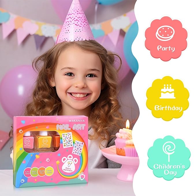 wakaniya Kids Nail Polish Set for Girls with Gems Nail Stickers, 7 Colors Non Toxic Safe Nail Polish Peel-Off Low Odor