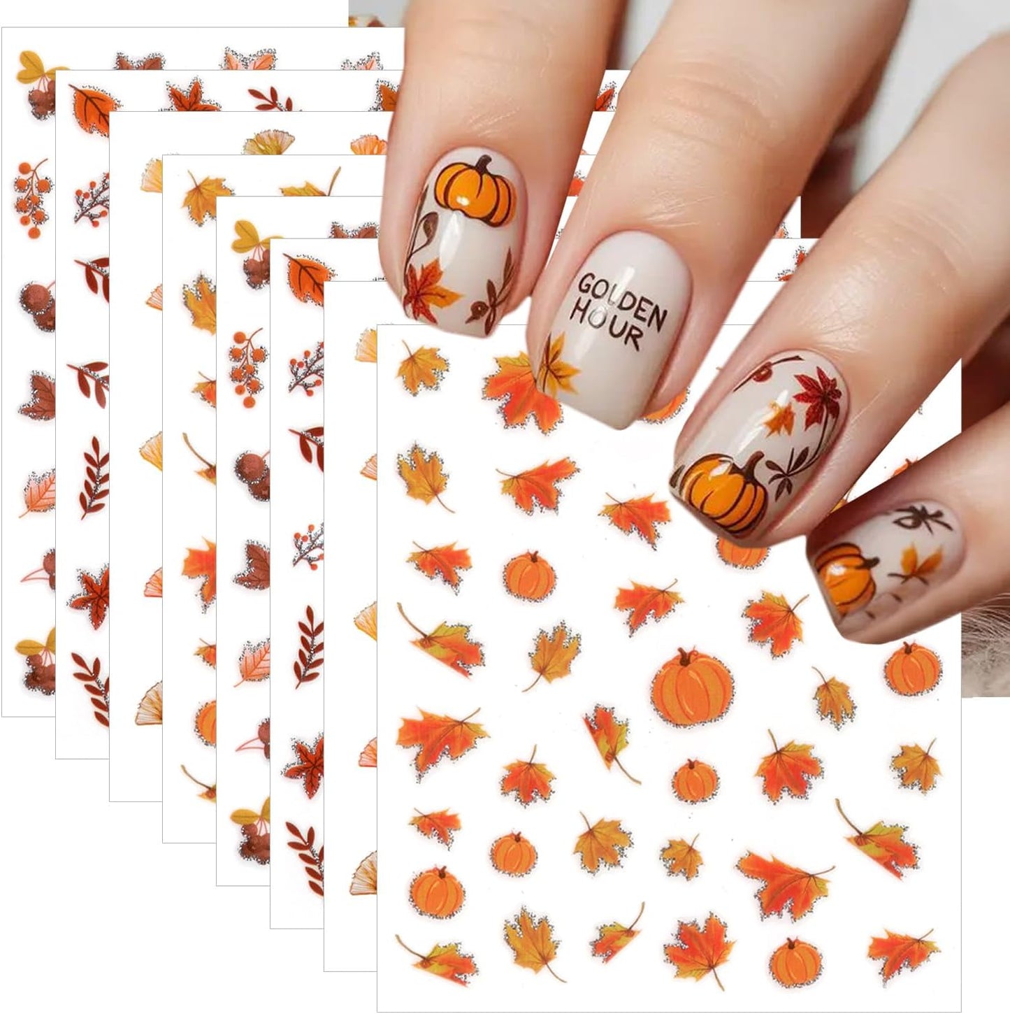 8 Sheets Fall Nail Stickers for Nail Art, 3D Self-Adhesive Bronzing Thanksgiving Nail Decals Pumpkin Maple Leaf Ginkgo Leaves Designs Nails Decorations Autumn Nail Art Supplies for Women