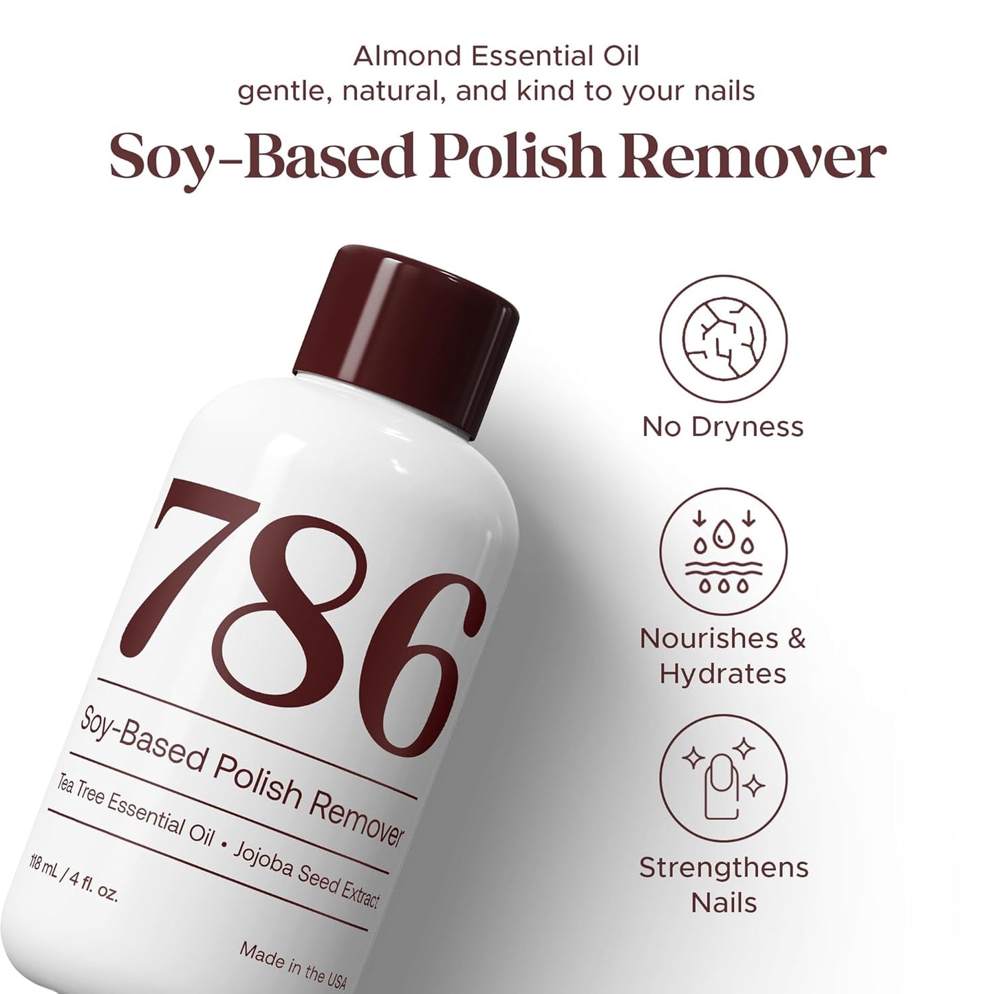786 Cosmetics Soy-Based Nail Polish Remover - Acetone Free, with Almond Essential Oil, Gentle Nail Polish Remover, Non-Toxic, Non-Flammable, Promotes Healthy & Moisturized Nails