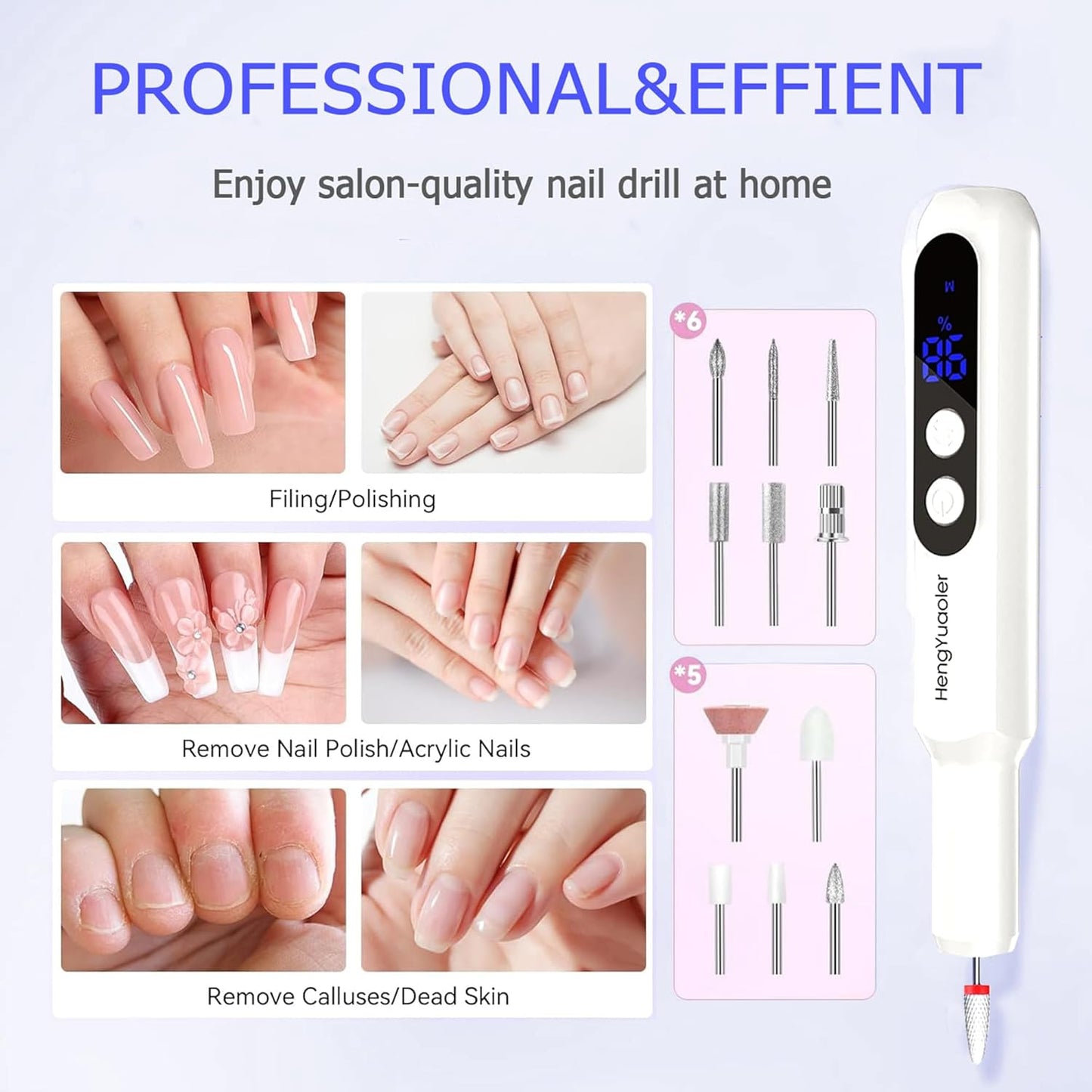 Cordless Electric Nail Drill Professional 3 Speeds Nail Drill Kit for Acrylic Gel Dip, USB Portable Rechargeable 20000 RPM Efile Manicure Pedicure Polishing Shape Tools(Purple)