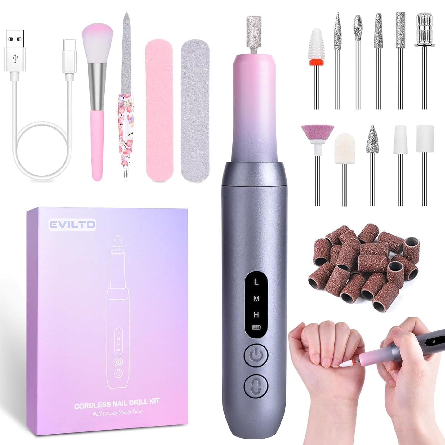Electric Nail Files Cordless, Professional Nail Drill LCD Display with 12 Bits 30000RPM Rechargeable Manicure Pedicure EFile for Gel Nail Polish Acrylic Nails Thick Toenails Removal, Grey Pink