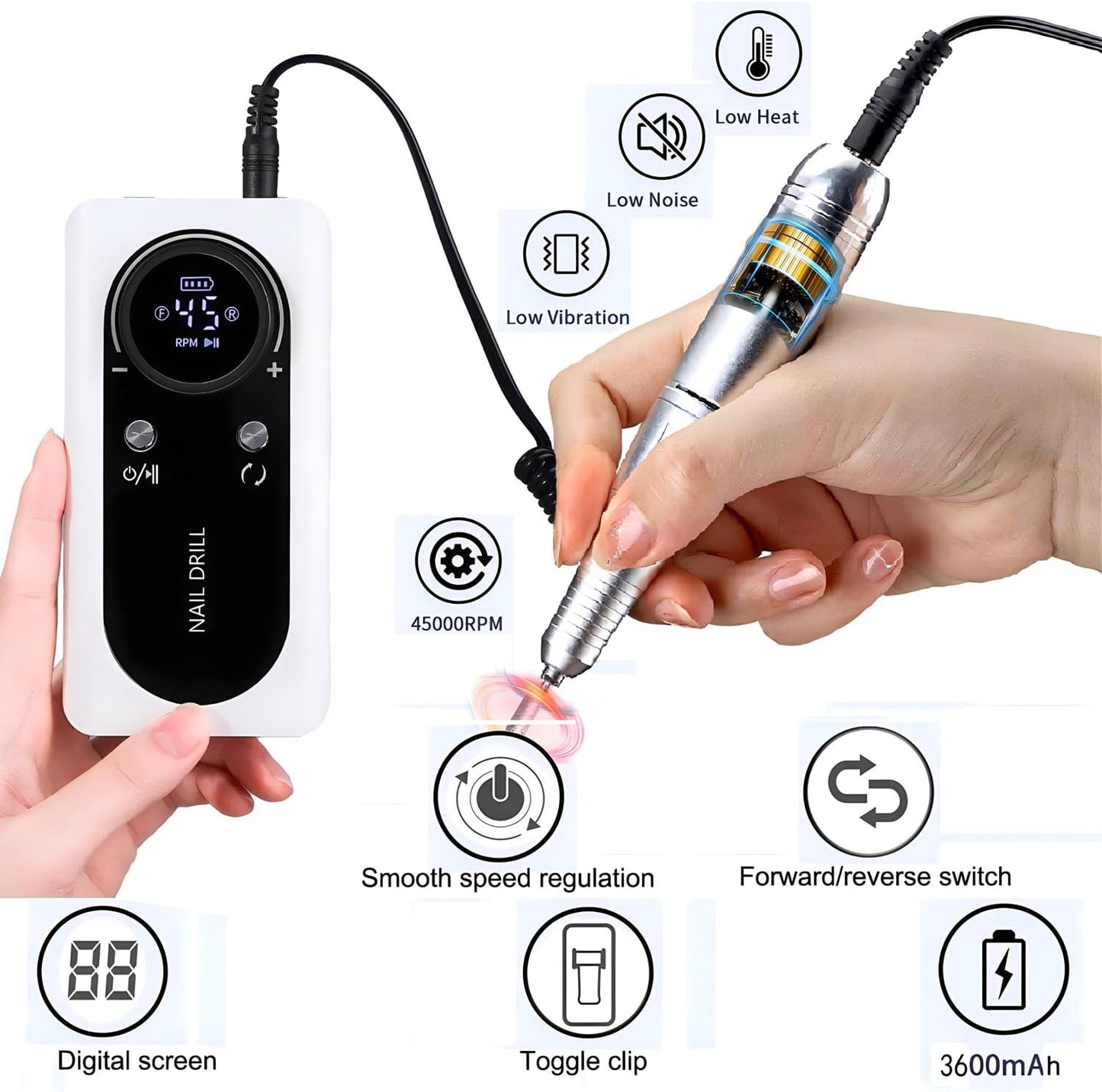 Electric 45000RPM Nail Drill Machine Rechargeable Portable Nail File Electric DIY Nail Drill Kit with Smart LCD Screen for Gel Nail Manicure and Pedicure Reflective Body etc(White)