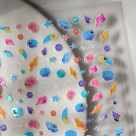 Ocean Nail Art Stickers Summer Nail Art Decals Marine Life Nail Stickers Starfish Seashell Nail Design Stickers with Pearl Rhinestone 5D Embossed Nail Decals Sea Nail Art Supplies for Women Manicure