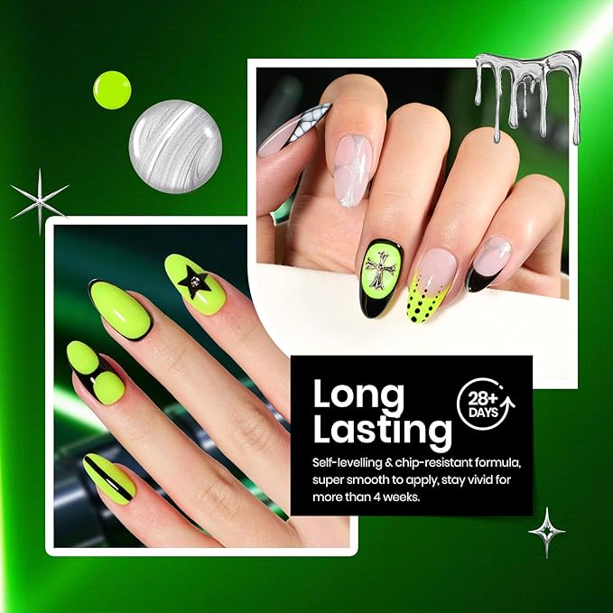 Beetles Neon Green Gel Nail Polish Set, Halloween Black Glitter Silver Brat Tribe Gel Polish with Rhinestones Soak off Uv Lamp Nail Festival Manicure Gift for Women
