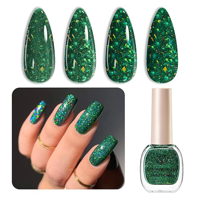 AZUREBEAUTY Christmas Nail Polish Quick Dry Green Glitter Nail Polish Natural Shine Nail Lacquer Salon-Quality for Women Girl Gift Set 1Pcs 0.34 fl oz
