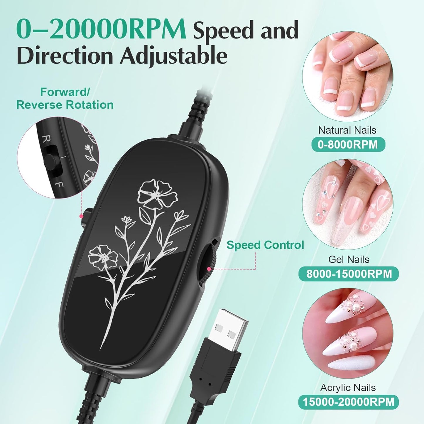 JIASHENG USB Electric Nail Drill, Portable Electric Nail File for Acrylic Gel Nails, Professional Drill Nail Kit Manicure and Pedicure Kit with Drill Bits for Home and Salon Use, Green