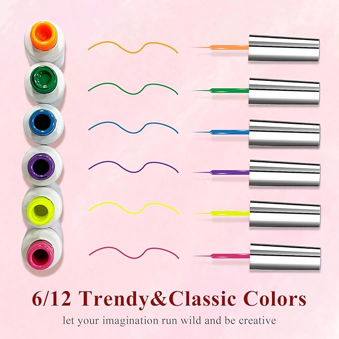Nail Art Liner Set 6 Pcs Neon Green Blue Hot Pink Yellow Glitters Colors Paint Swirl Built Thin Brush in Bottle Soak off Led Lamp Gel Liner Nail Polish Manicure Kits
