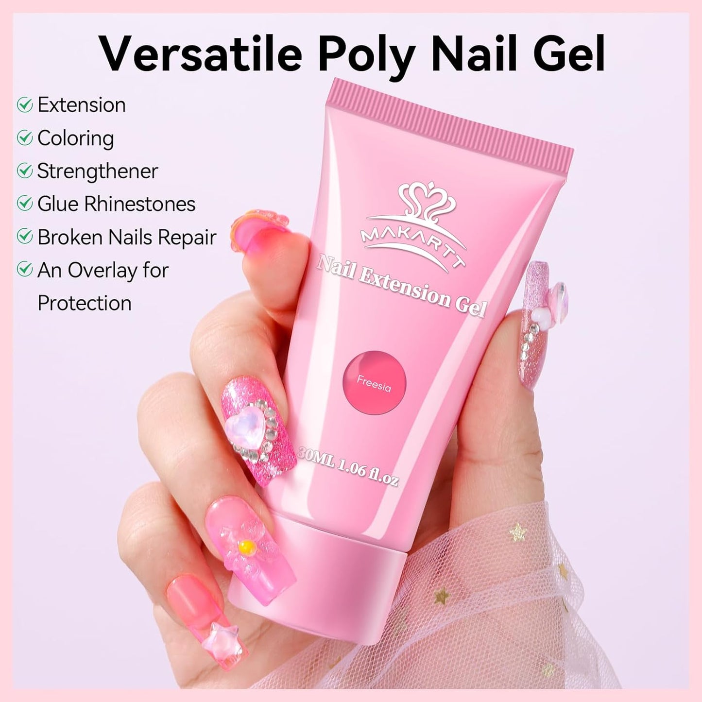 Makartt Poly Nail Gel Set: Sheer & Neon Pink Colors, Strong Builder for Extension Overlay Strengthener 3D Diy, Long-lasting for Nails French Manicures Home Salon-2PCs 30ML