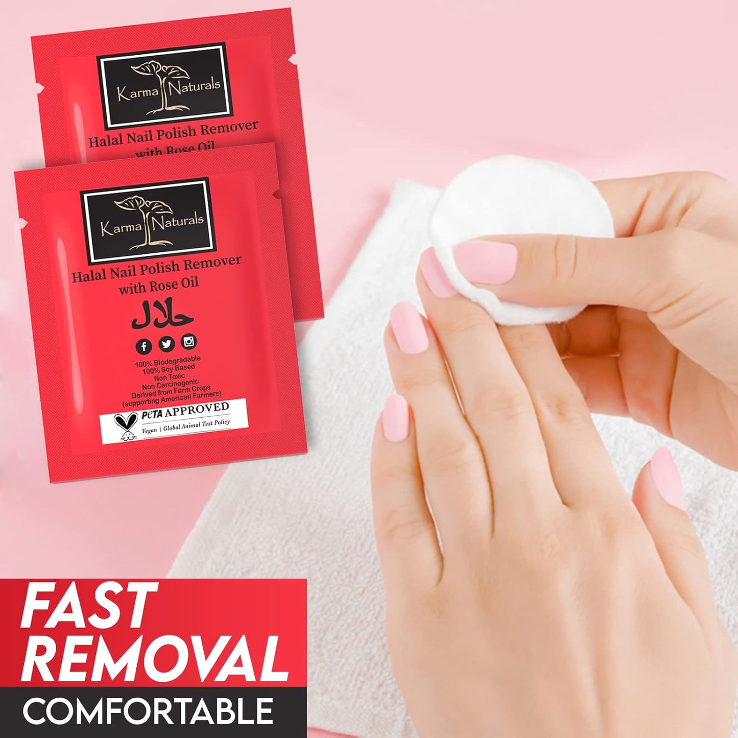 Karma Halal Nail Polish Remover Wipes with Rose Oil; Non-Toxic, Vegan, Cruelty-Free – Pack of 10
