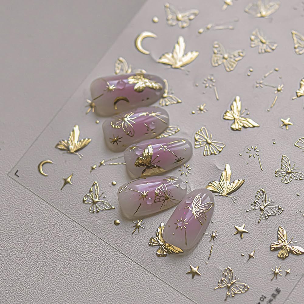 1 Sheets Golden Hot Stamping Butterflies Nail Art Stickers, 5D Self-Adhesive with Stars and Moon Nail Decals for Women, Gold Butterfly Design Spring Nail Stickers for DIY Nail Supplies Decoration