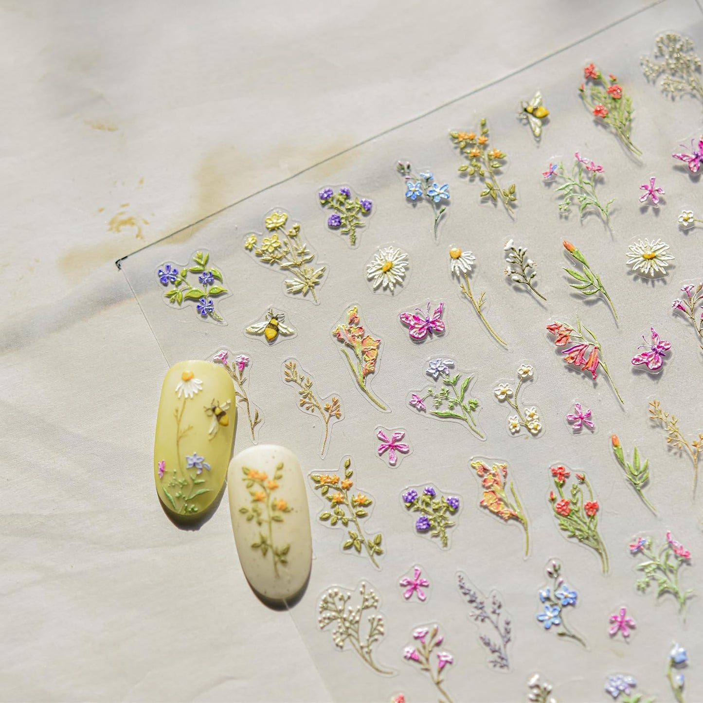 1Pcs Embossed Flower Nail Stickers Small Daisy Nail Decals 5D Embossed Wildflower Nail Art Stickers Spring Summer Pink Yellow Blue White Green Flower Design Nail Art Decoration for Women Girls Kids