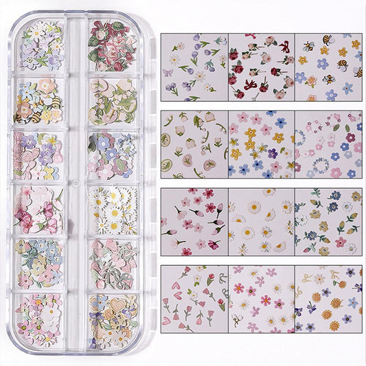 300Pcs 3D Flower Nail Art Charms Sequins Decals Colorful Mixed Flowers Leaves Butterfly Design Slice Nail Flowers Ultra Wood Pulp Flakes Sequins