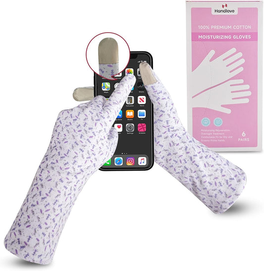 HandLove Premium 100% Cotton Gloves | Moisturizing Gloves for Dry Hands & Eczema | Overnight Sleeping Gloves, Eczema Gloves | Touchscreen | Extended Wrist White Gloves with Lavender Speckles, 6 Pairs